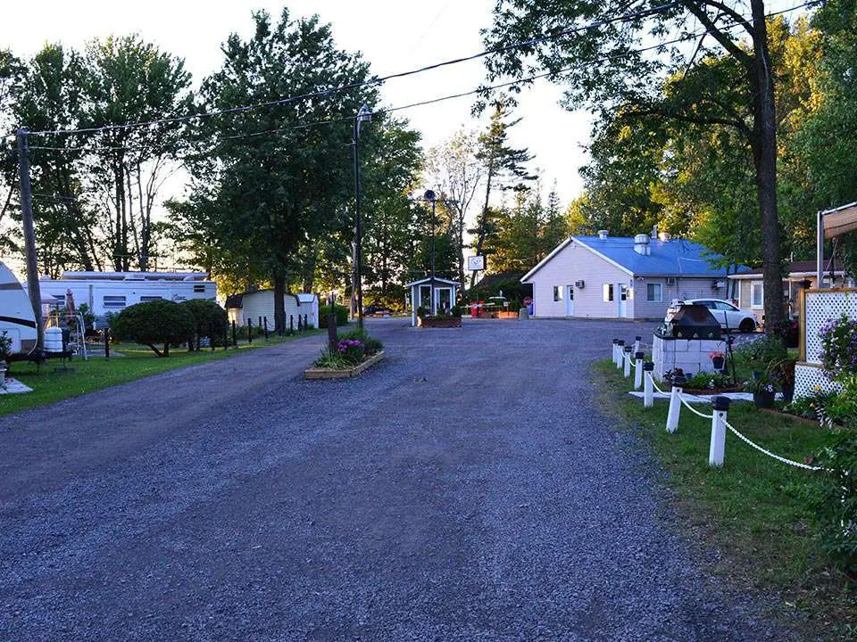 Allée du camping bordée d’arbres et de roulottes