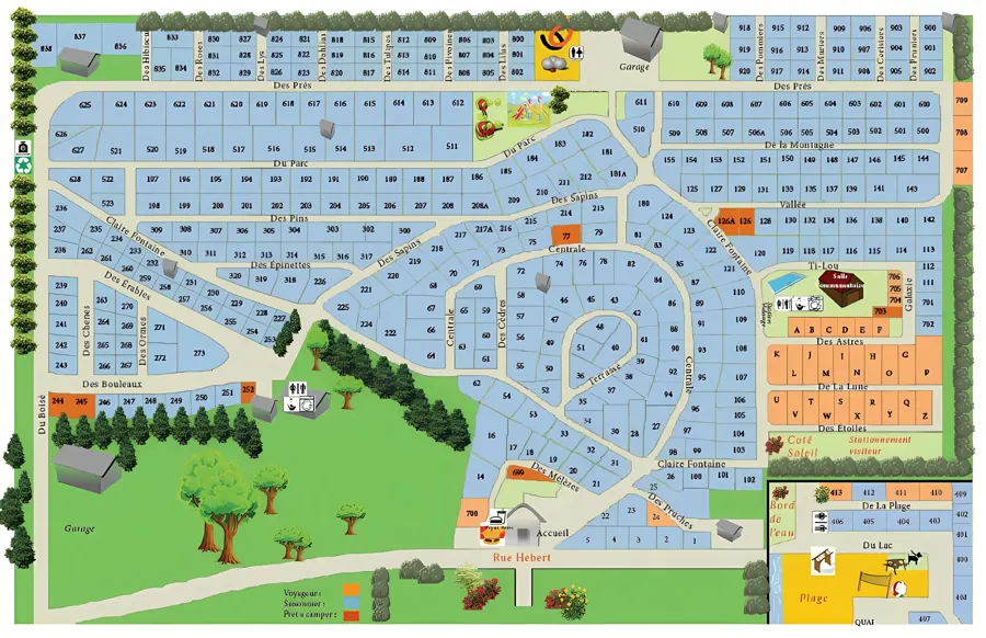 Plan du Camping à la Claire Fontaine : emplacements numérotés, plage, piscine et bâtiments de services. Ouvrir le plan en grand format